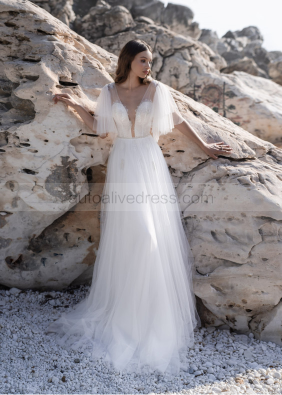 Elbow Sleeves Beaded Ivory Lace Tulle Fairytale Wedding Dress